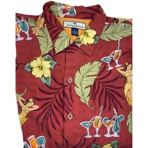 Tommy Bahama Relax Mens Large Silk Hula Girl Cocktail Tropical Camp Shirt Red